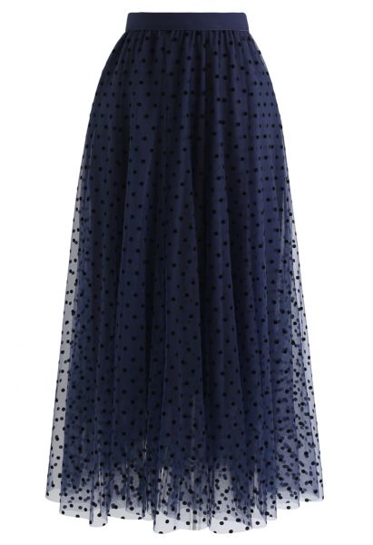 Full Polka Dots Double-Layered Mesh Tulle Skirt in Navy