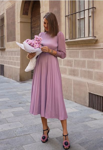 Full Pleated Belted Maxi Dress in Lilac