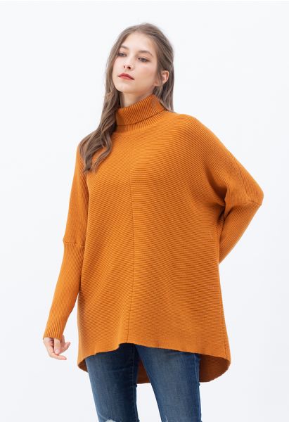 Effortless Chic Turtleneck Batwing Sleeve Hi-Lo Sweater in Caramel