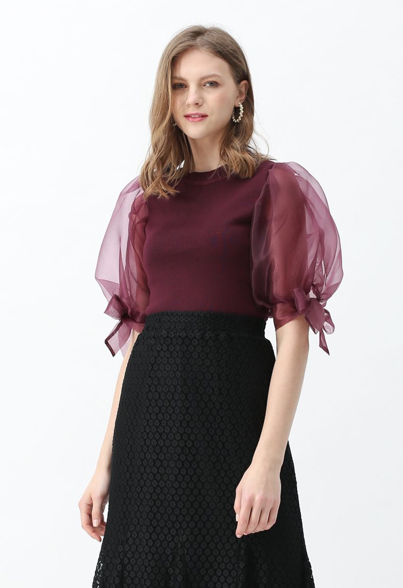 Organza Bubble Sleeves Knit Top in Wine