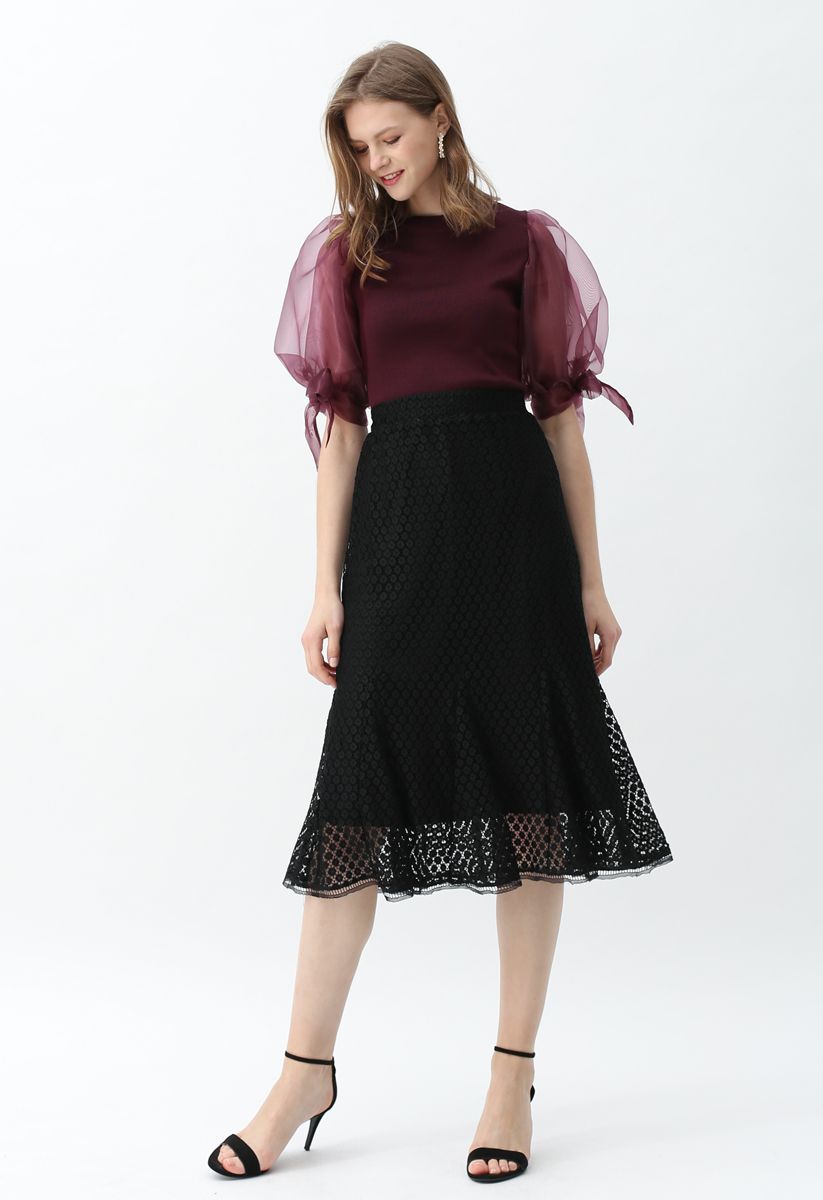 Organza Bubble Sleeves Knit Top in Wine