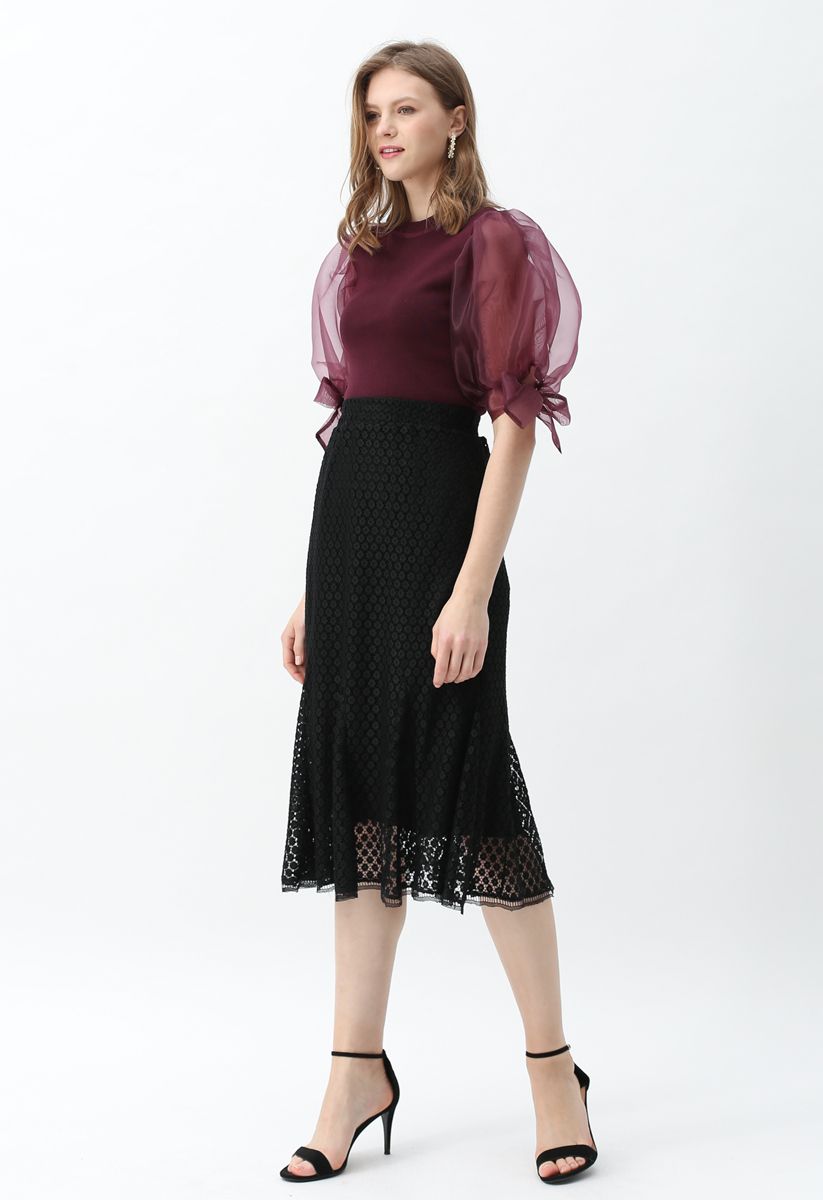 Organza Bubble Sleeves Knit Top in Wine