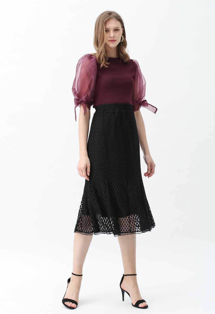 Organza Bubble Sleeves Knit Top in Wine