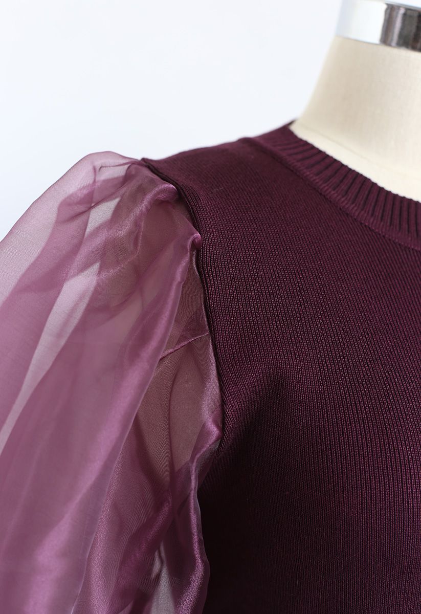 Organza Bubble Sleeves Knit Top in Wine