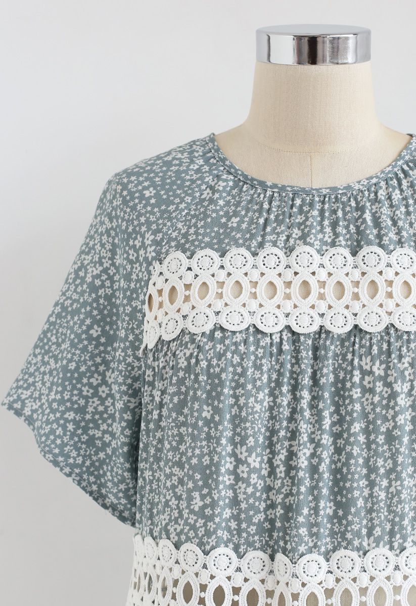 Floret Crochet Hollow Out Top in Teal