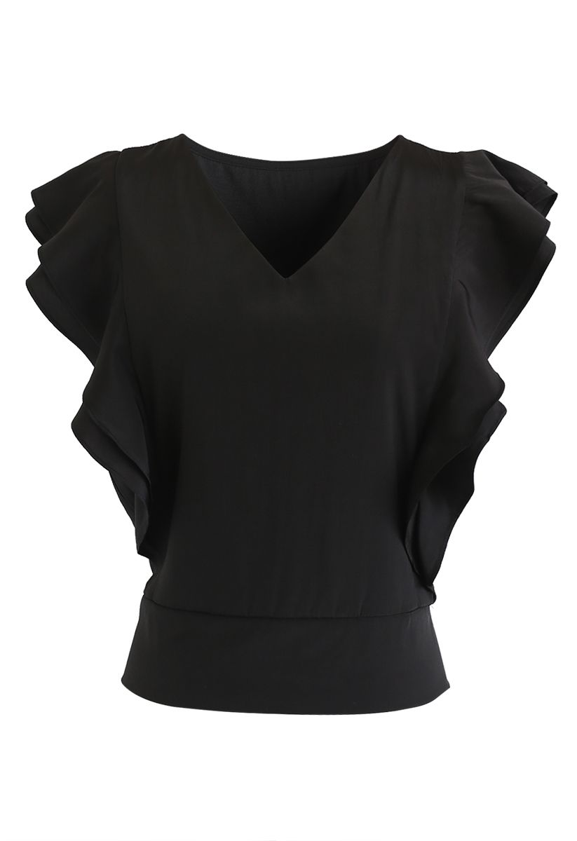 Bowknot Waist Sleeveless Ruffle Top in Black