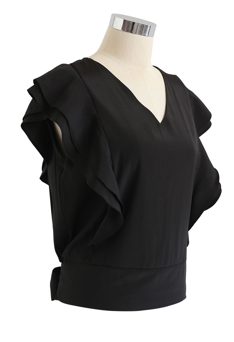 Bowknot Waist Sleeveless Ruffle Top in Black