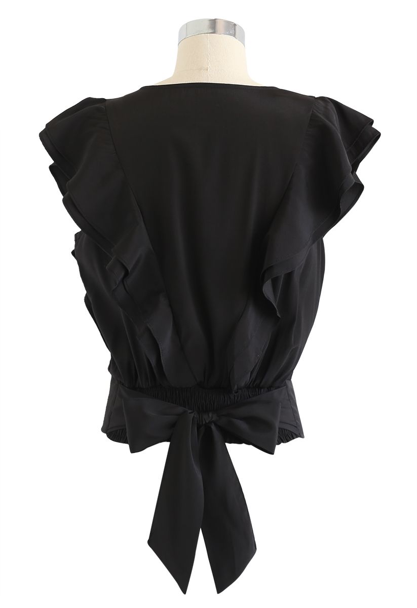 Bowknot Waist Sleeveless Ruffle Top in Black