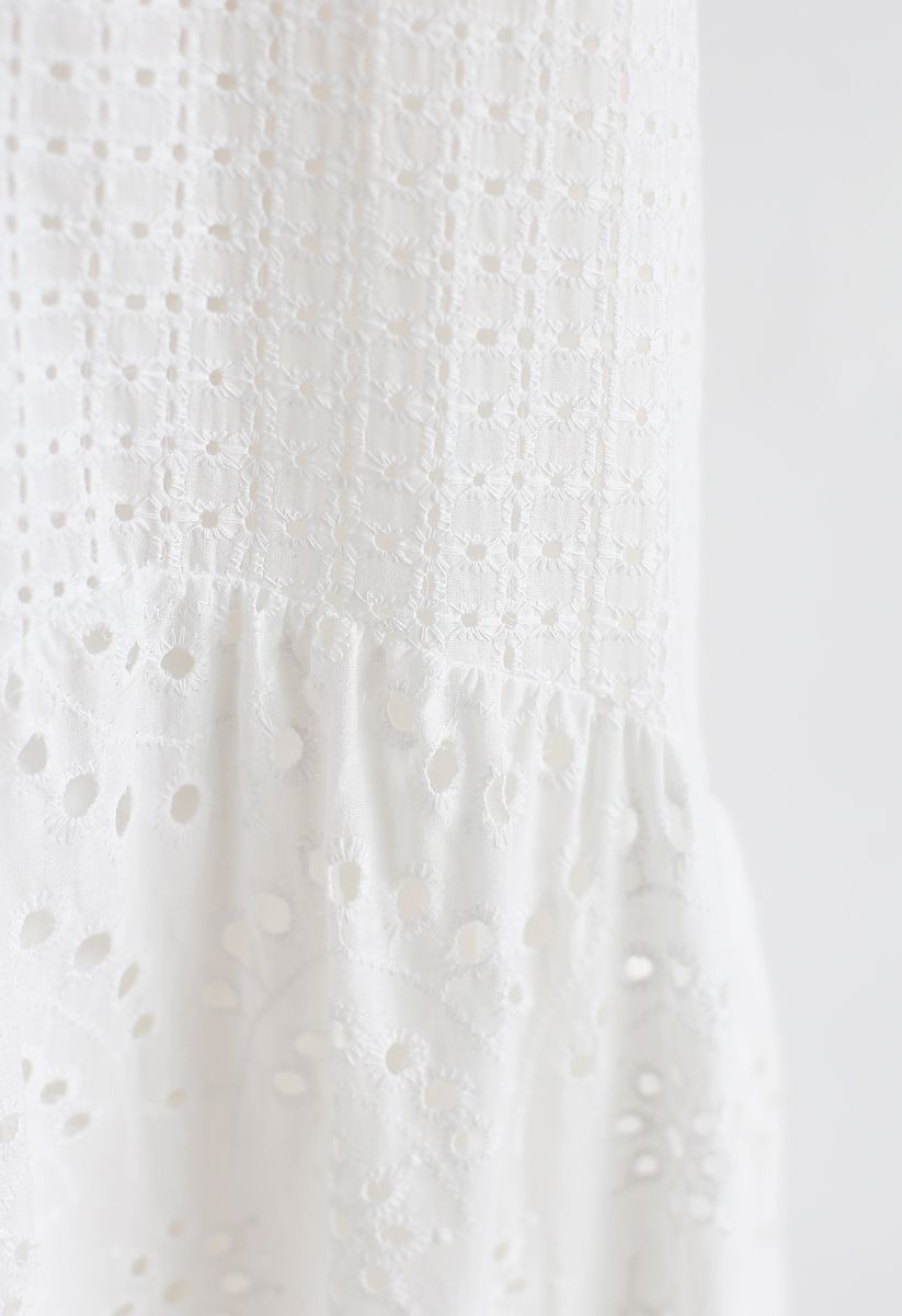 White Perforated Embroidered Sleeveless Dress