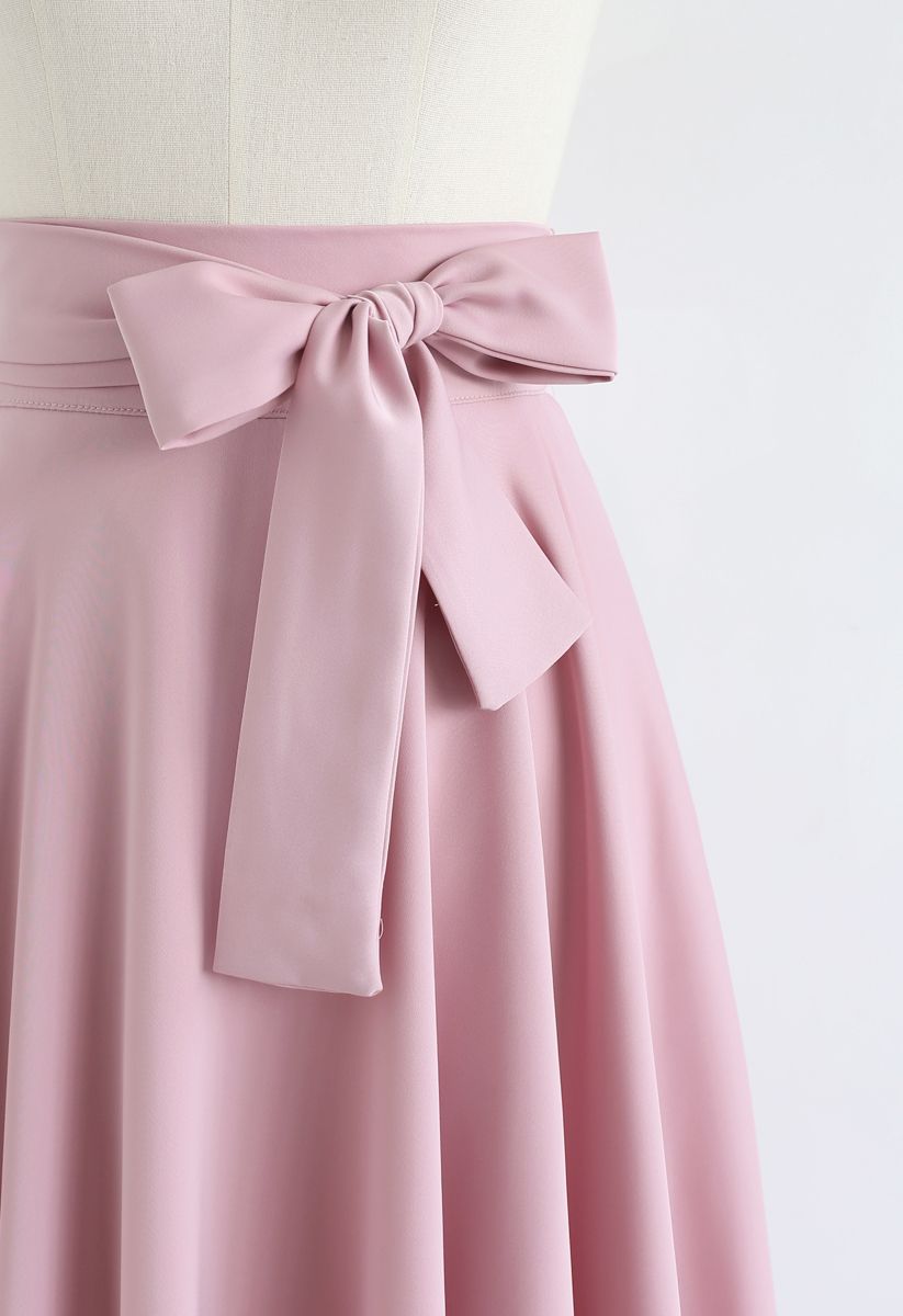 Flare Hem Bowknot Waist Midi Skirt in Pink