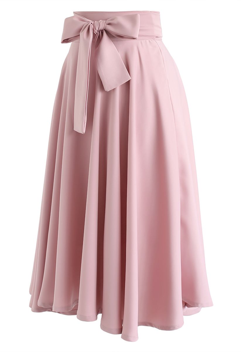 Flare Hem Bowknot Waist Midi Skirt in Pink