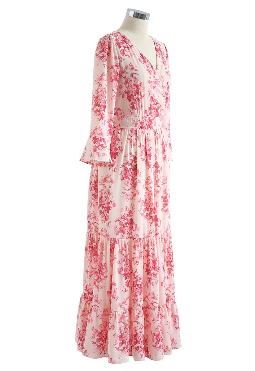 Flounced Cuffs Floral Print Chiffon Wrap Dress