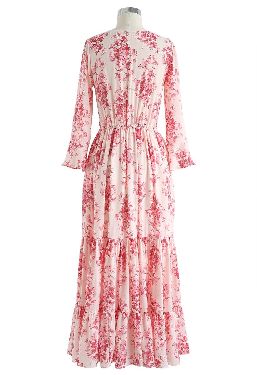 Flounced Cuffs Floral Print Chiffon Wrap Dress