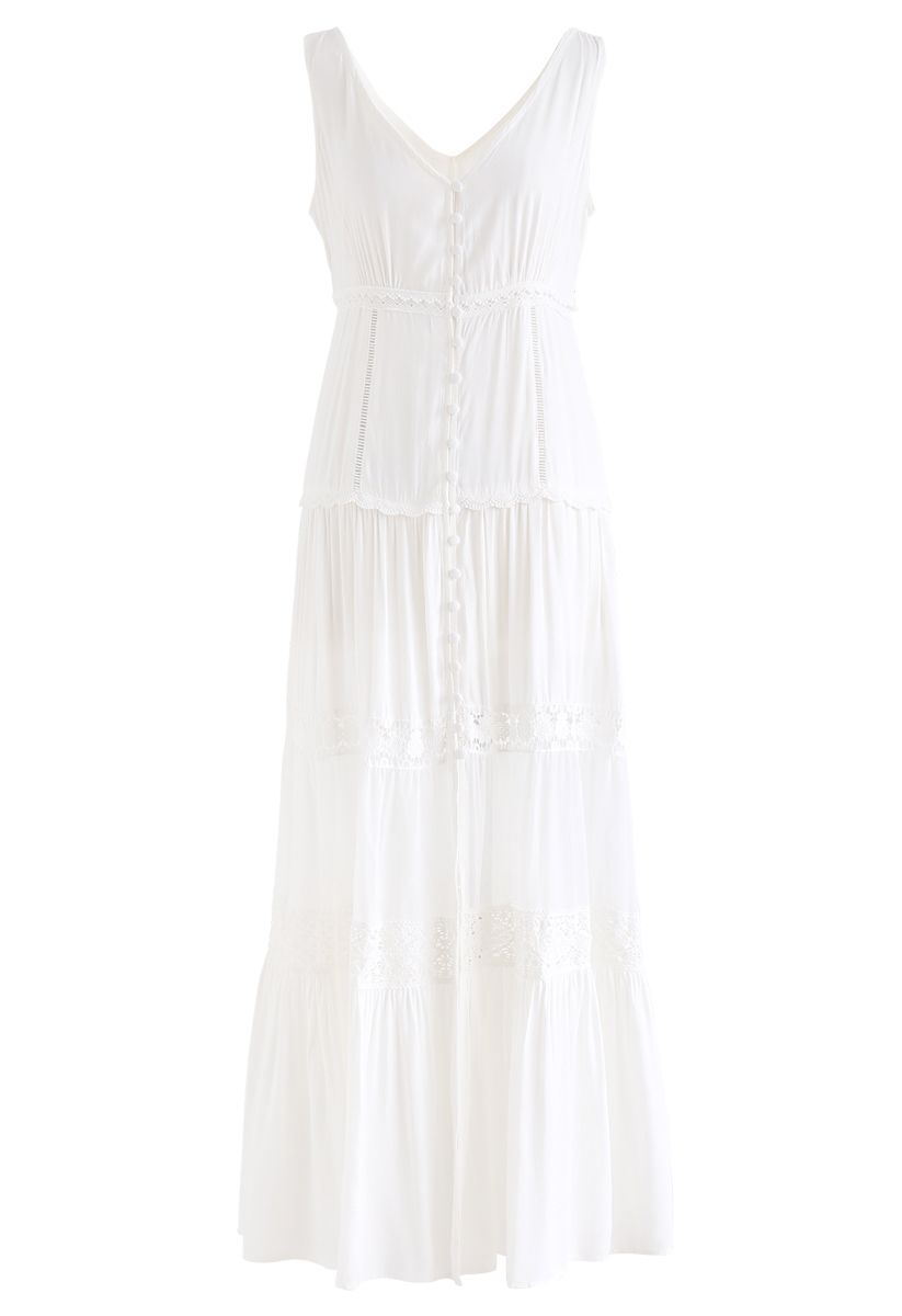 Crochet Trims Panelled Button Down Sleeveless Maxi Dress in White