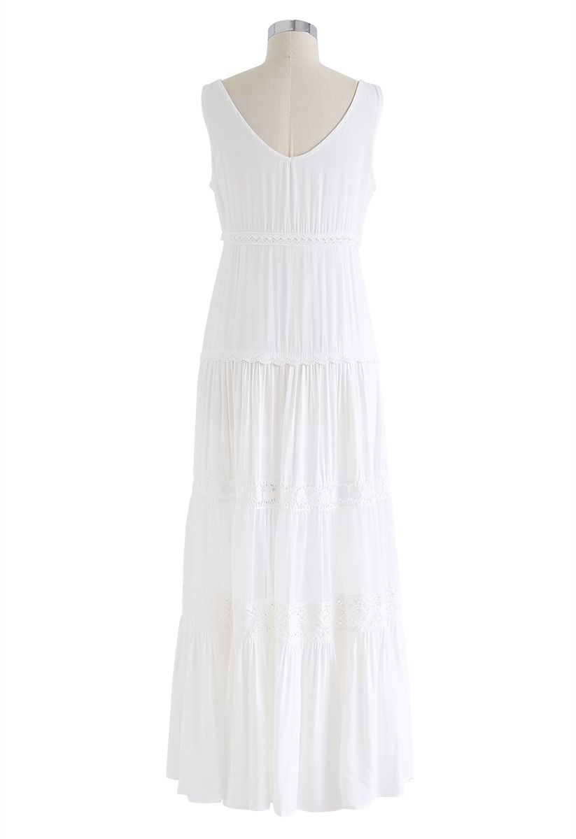 Crochet Trims Panelled Button Down Sleeveless Maxi Dress in White