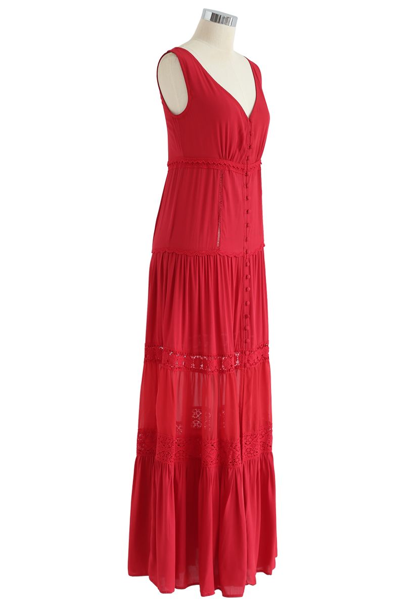 Crochet Trims Panelled Button Down Sleeveless Maxi Dress in Red