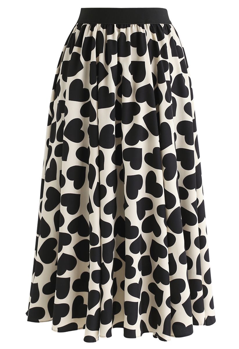 All-Over Black Heart Pattern Midi Skirt