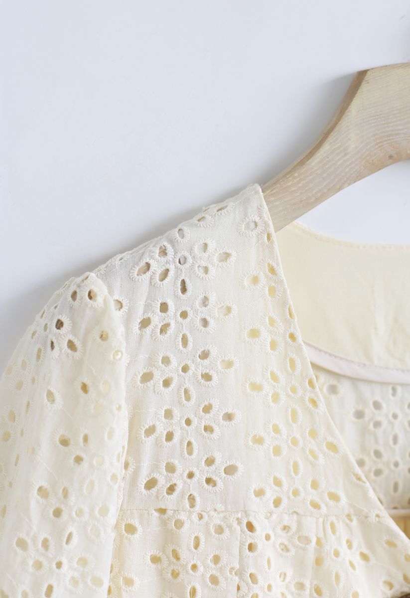 Horn Button Spliced Embroidered Eyelet Top in Cream