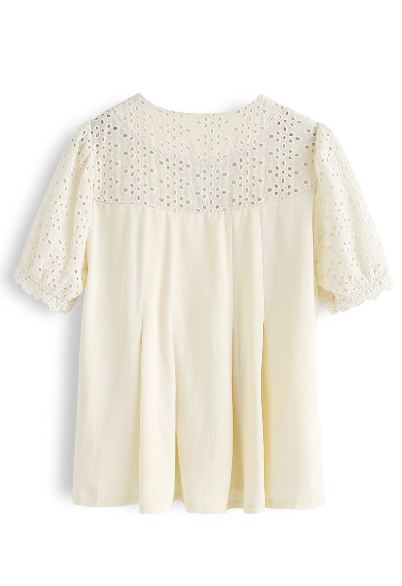 Horn Button Spliced Embroidered Eyelet Top in Cream