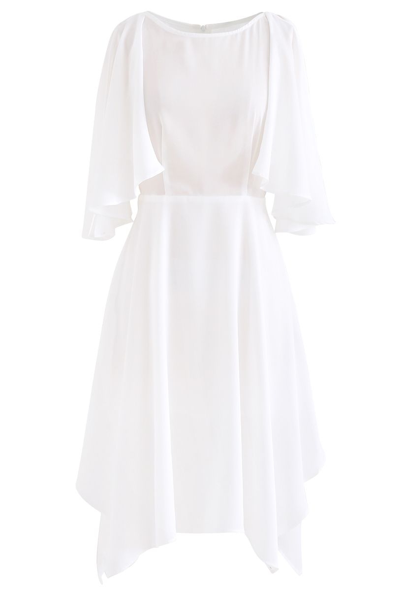 Asymmetric Cold-Shoulder Midi Dress in White