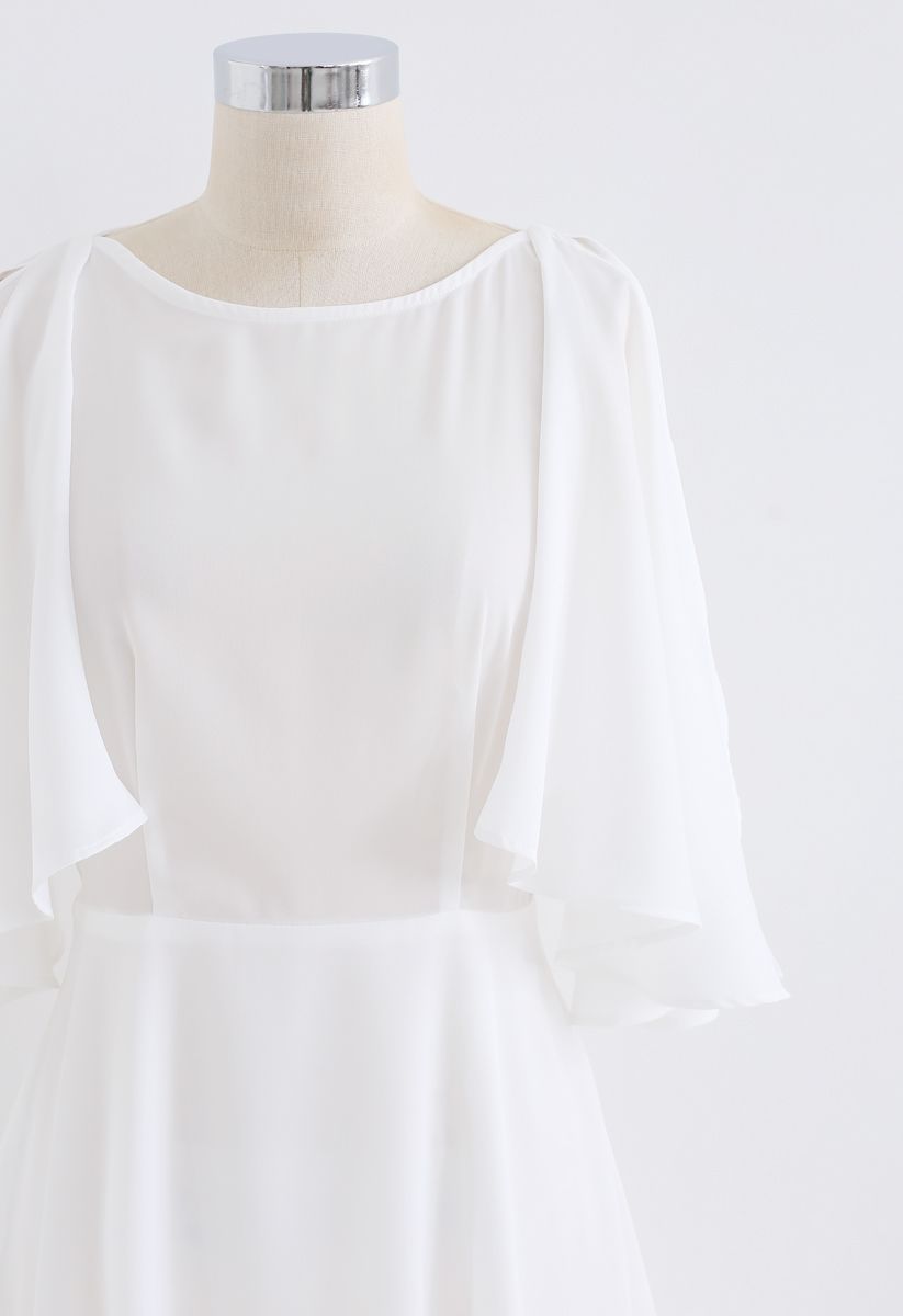 Asymmetric Cold-Shoulder Midi Dress in White