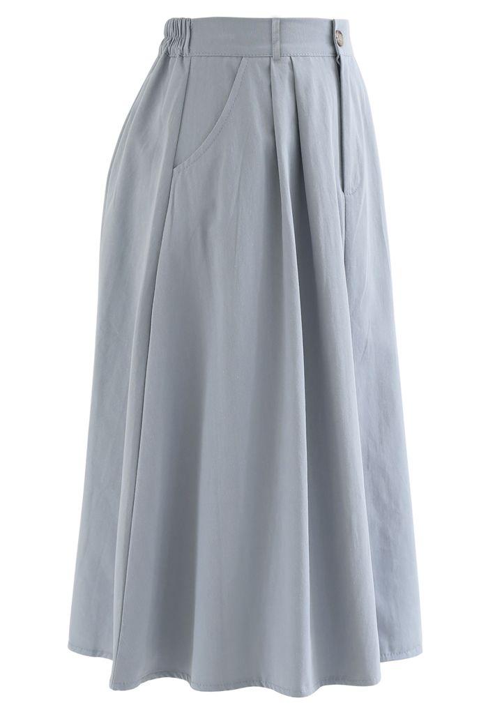 Slant Pockets A-Line Midi Skirt in Dusty Blue