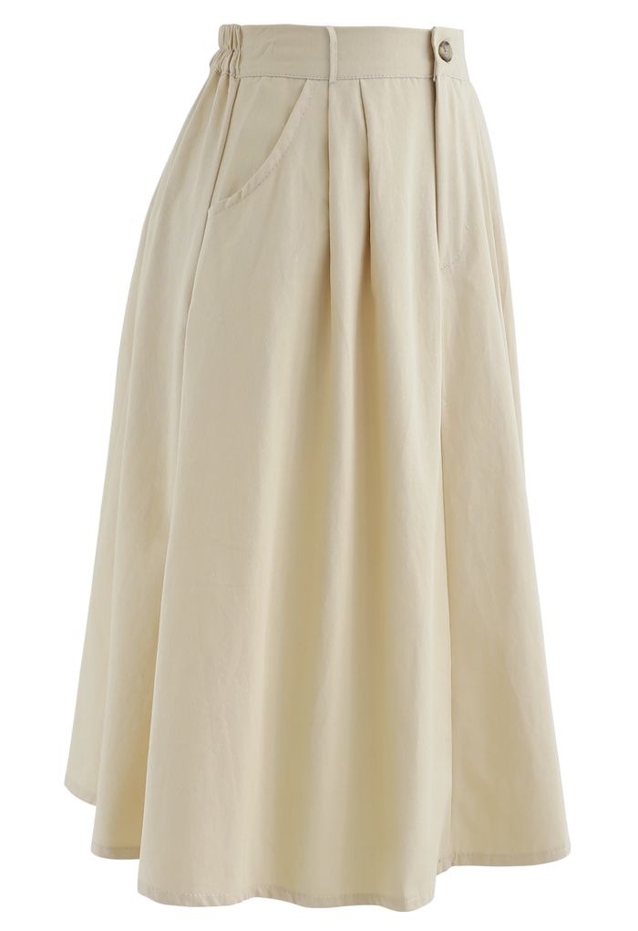 Slant Pockets A-Line Midi Skirt in Cream