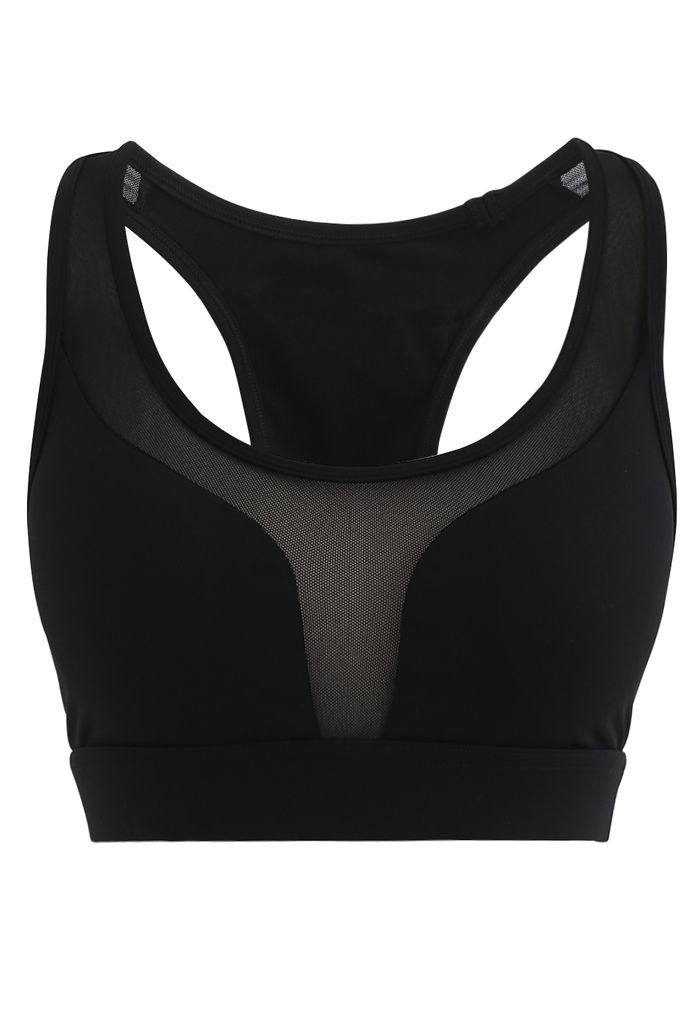 I-Shaped Back Pocket Mesh-Insert Low-Impact Sports Bra in Black