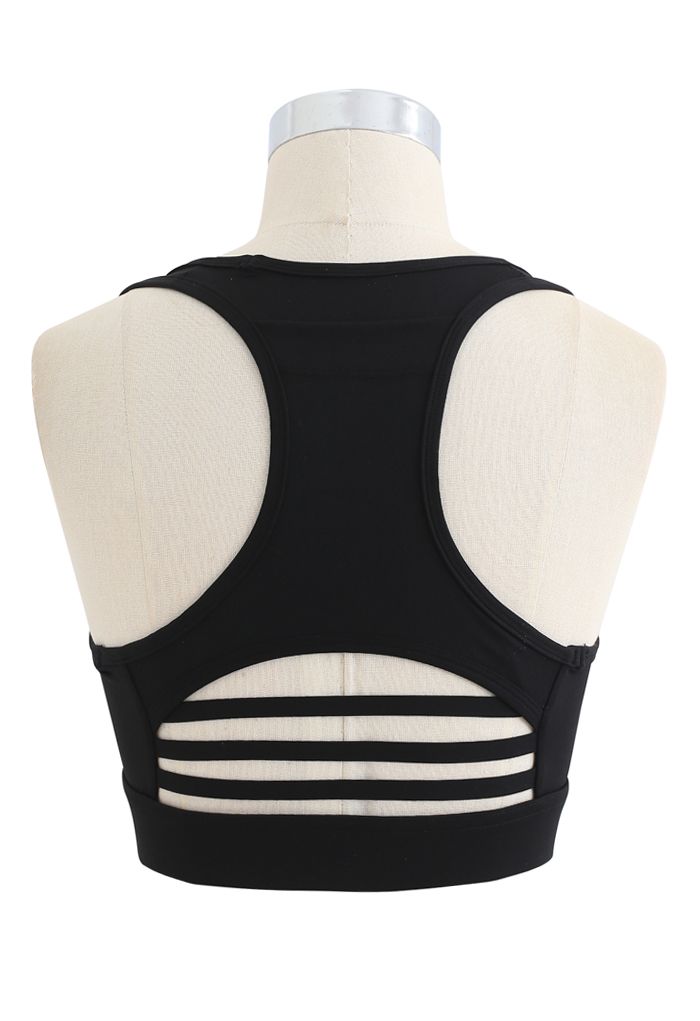 I-Shaped Back Pocket Mesh-Insert Low-Impact Sports Bra in Black