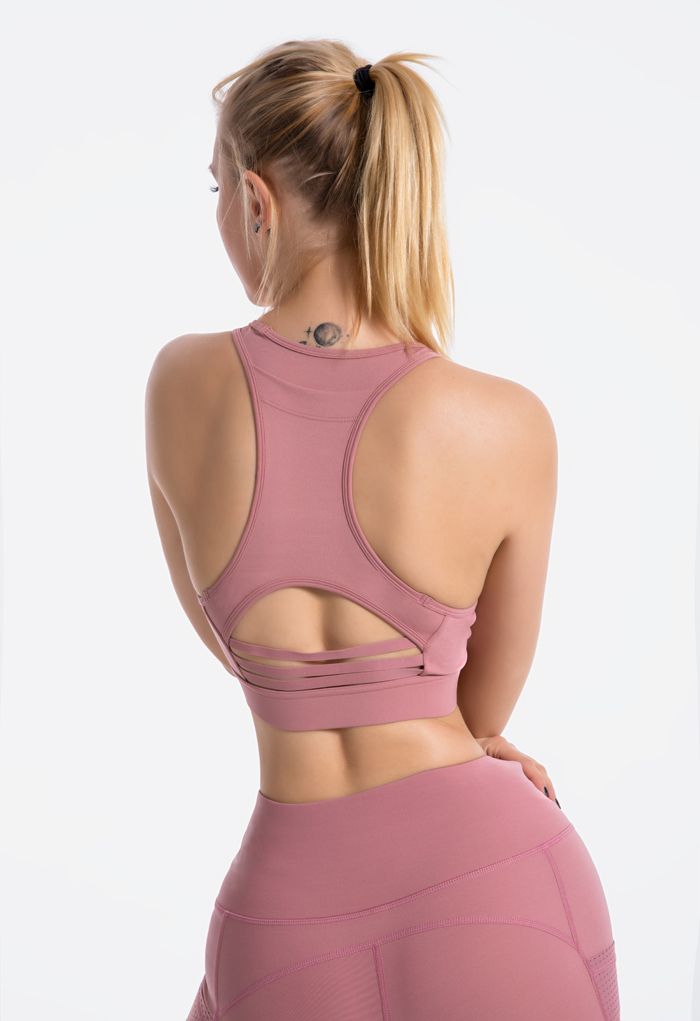 I-Shaped Back Pocket Mesh-Insert Low-Impact Sports Bra in Dusty Pink