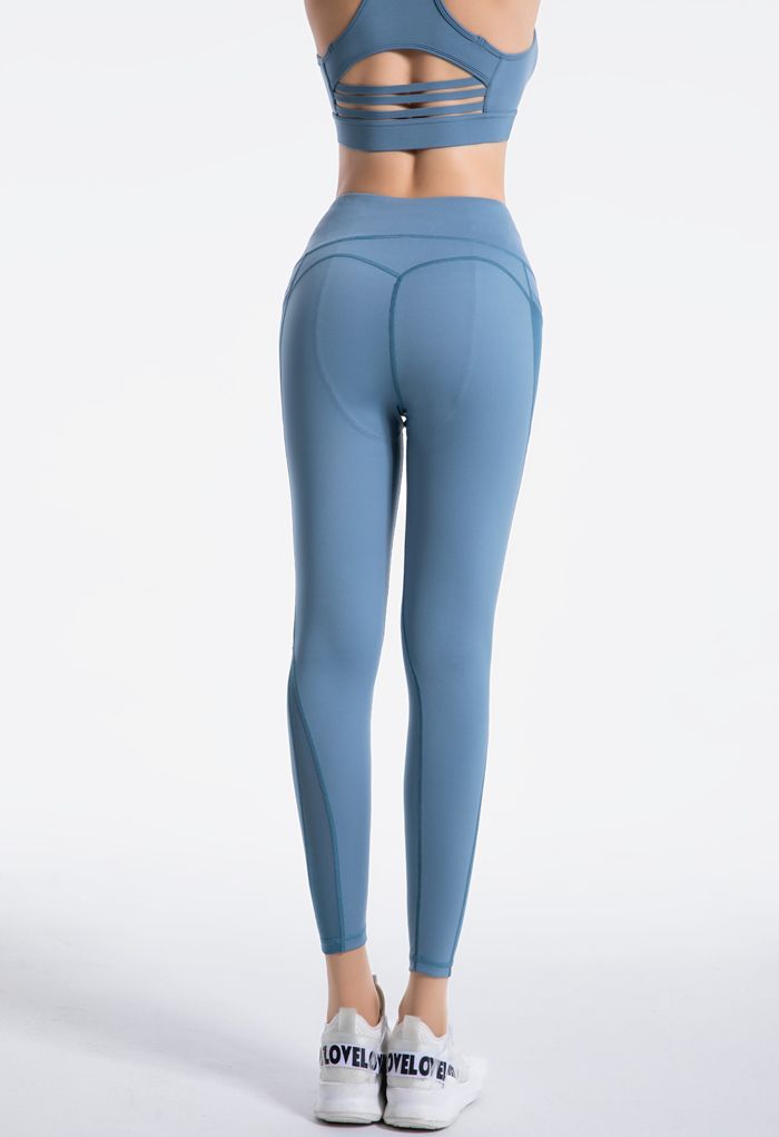 Mesh Pockets High Rise Seam Detail Ankle-Length Leggings in Blue