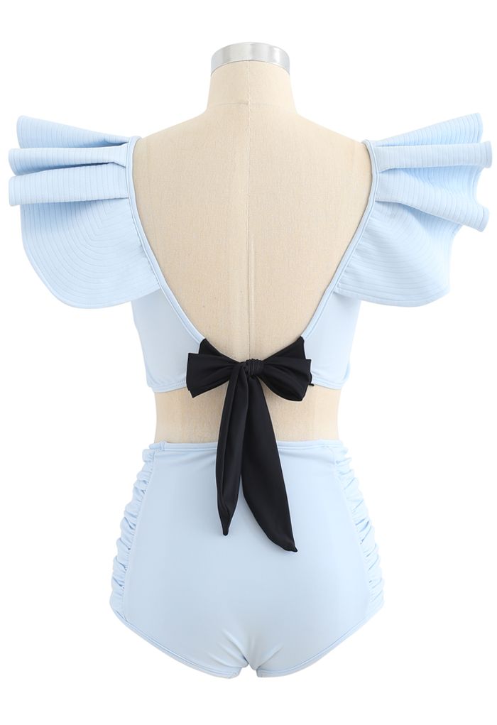 Plunging V-Neck Bowknot Ruffle Trim Bikini Set