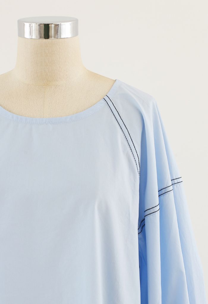 Contrast Line Puff Sleeves Loose Top in Blue