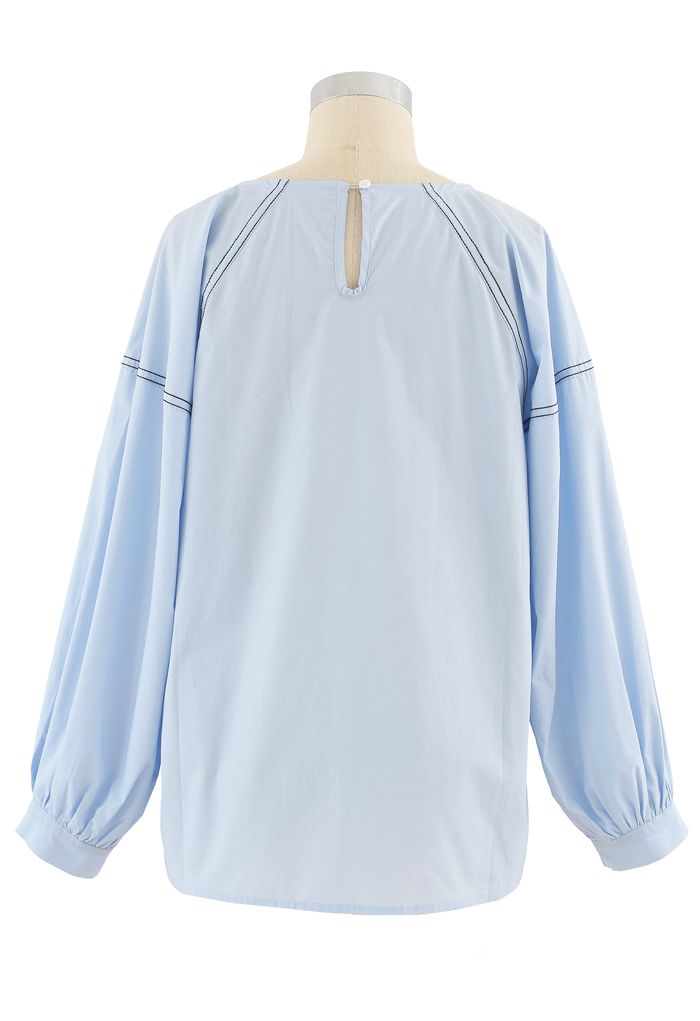 Contrast Line Puff Sleeves Loose Top in Blue