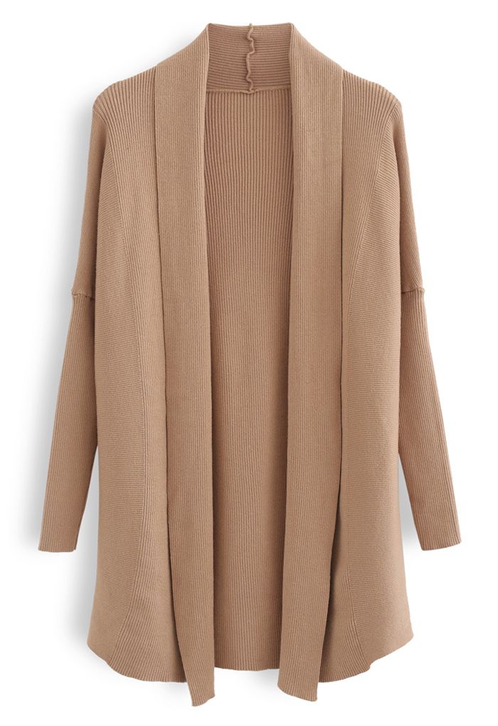 Basic Rib Knit Drape Neck Cardigan in Caramel