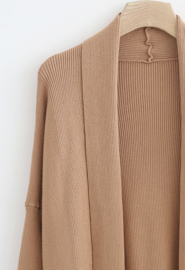 Basic Rib Knit Drape Neck Cardigan in Caramel