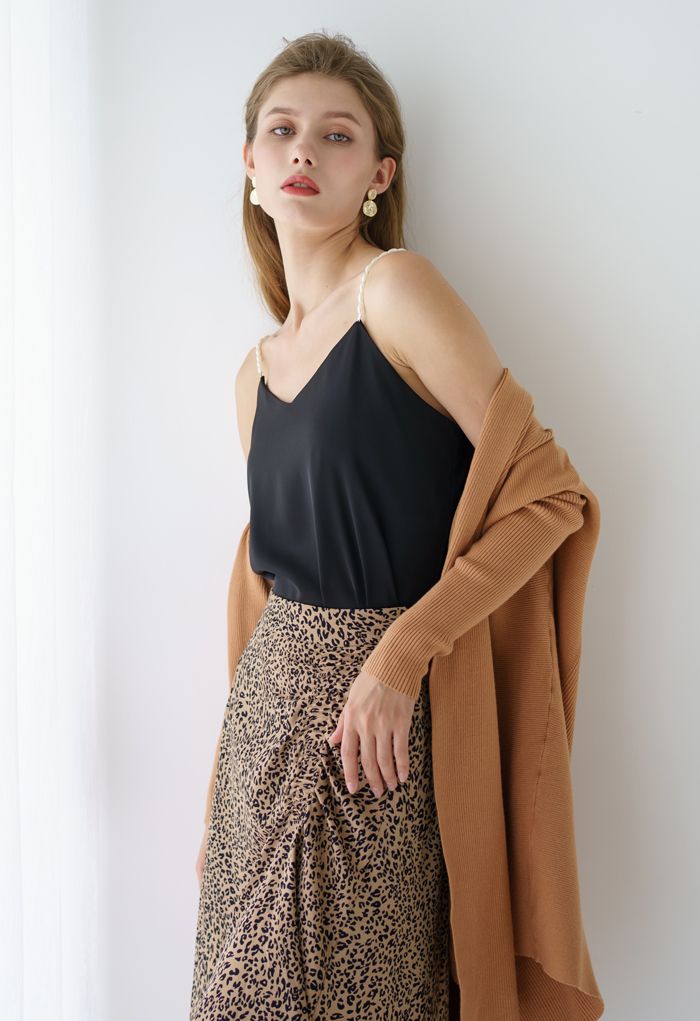 Basic Rib Knit Drape Neck Cardigan in Caramel