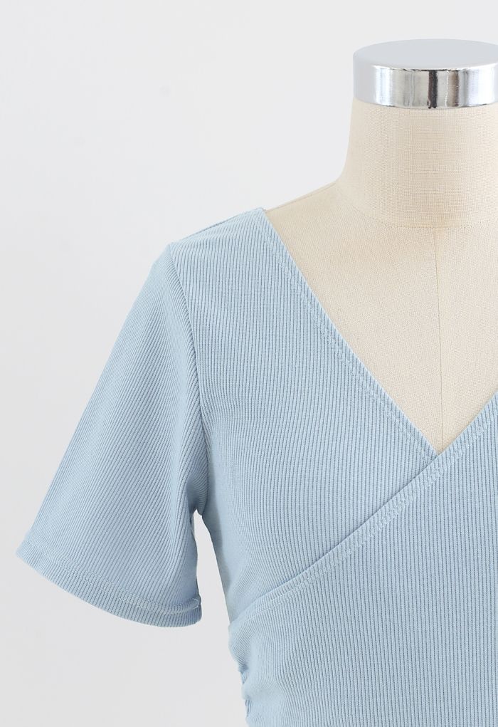 Crisscross Front Short Sleeves Ribbed Top in Dusty Blue