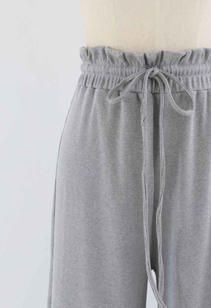 Drawstring Paper-Bag Waist Ribbed Yoga Pants in Grey