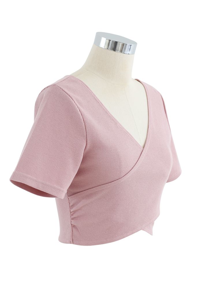 Crisscross Front Short Sleeves Ribbed Top in Pink