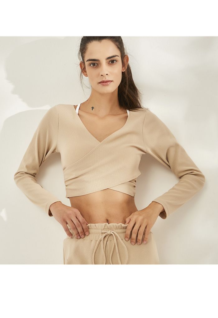 Crisscross Front Long Sleeves Ribbed Top in Sand