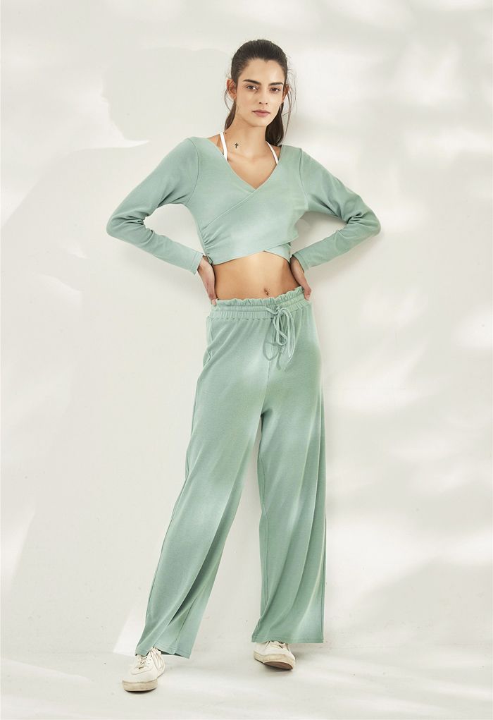 Drawstring Paper-Bag Waist Ribbed Yoga Pants in Mint