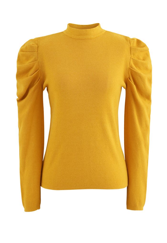 Mock Neck Bubble Sleeves Knit Top in Yellow