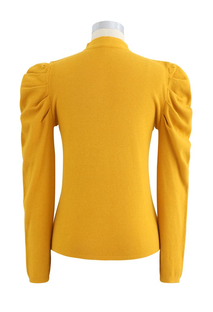 Mock Neck Bubble Sleeves Knit Top in Yellow