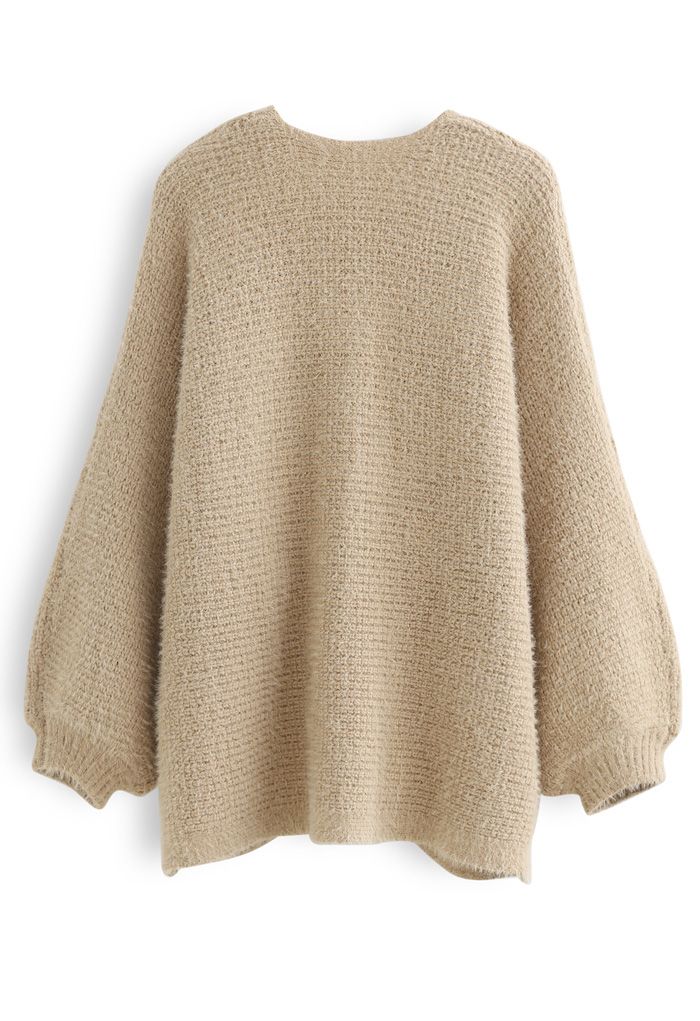 Fuzzy Open Front Waffle Knit Cardigan in Tan