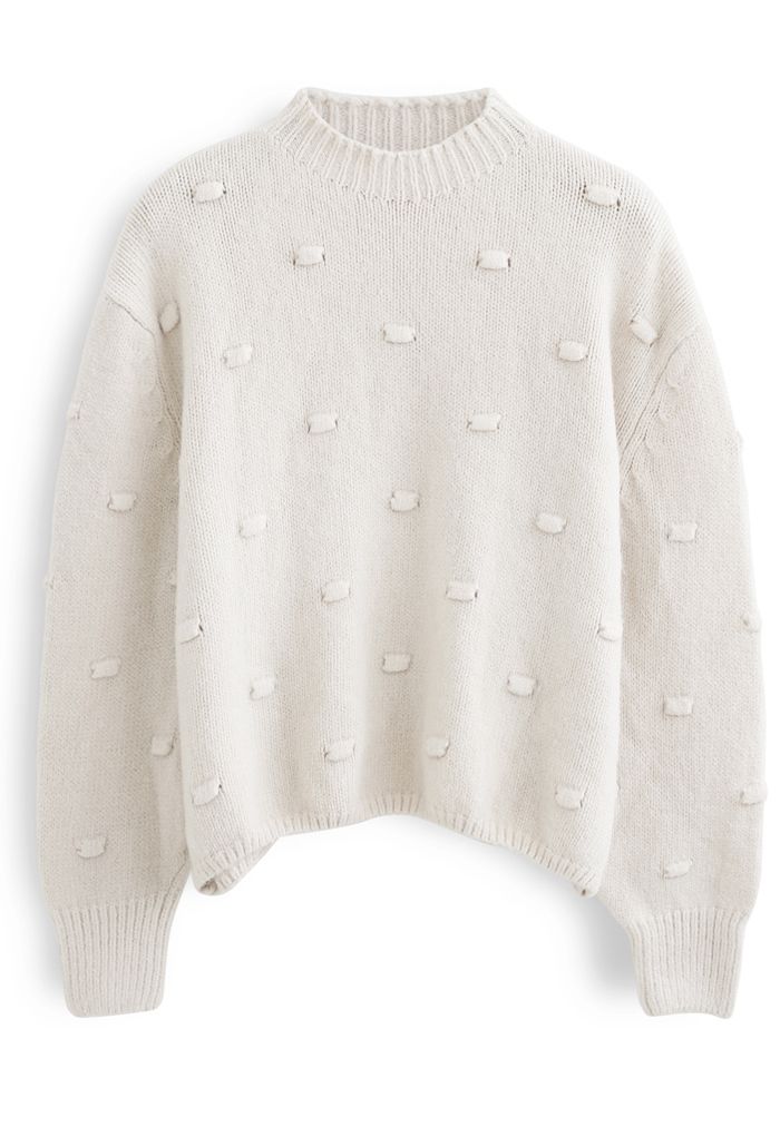 3D Dot High Neck Knit Sweater in Cream