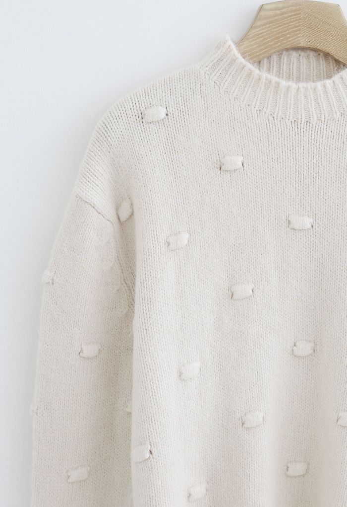 3D Dot High Neck Knit Sweater in Cream