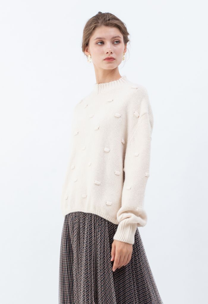 3D Dot High Neck Knit Sweater in Cream