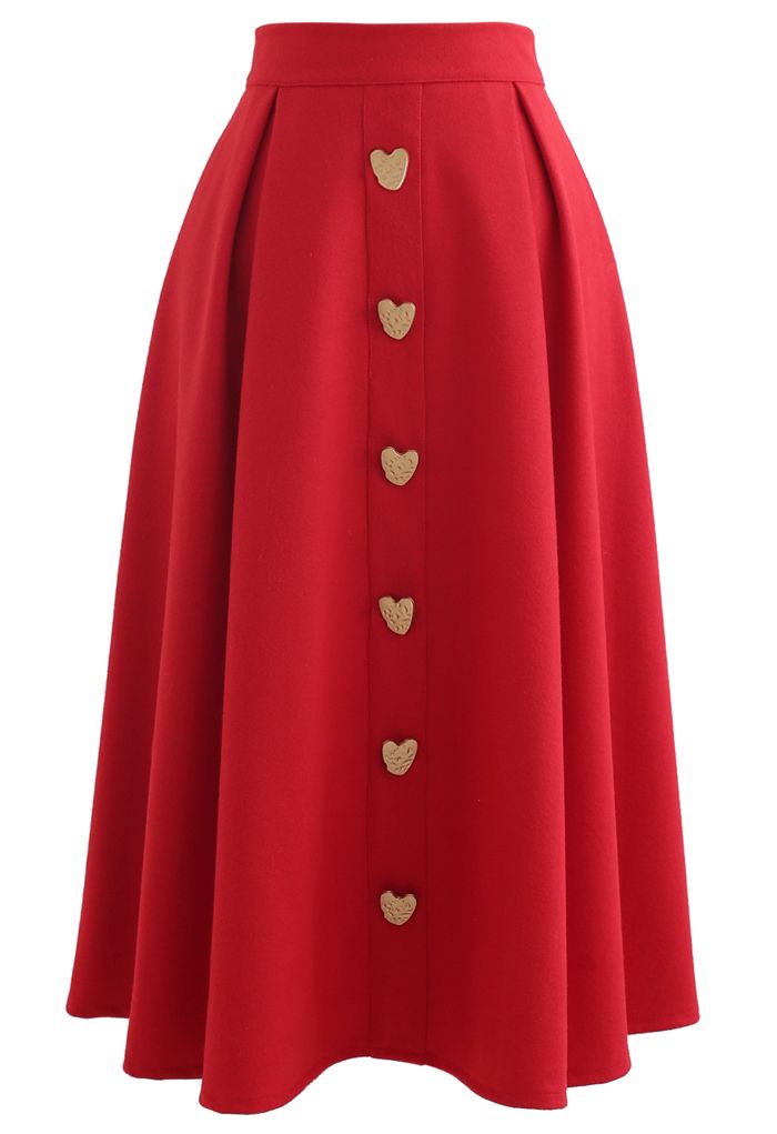 Heart Shape Button Embellished A-Line Midi Skirt in Red