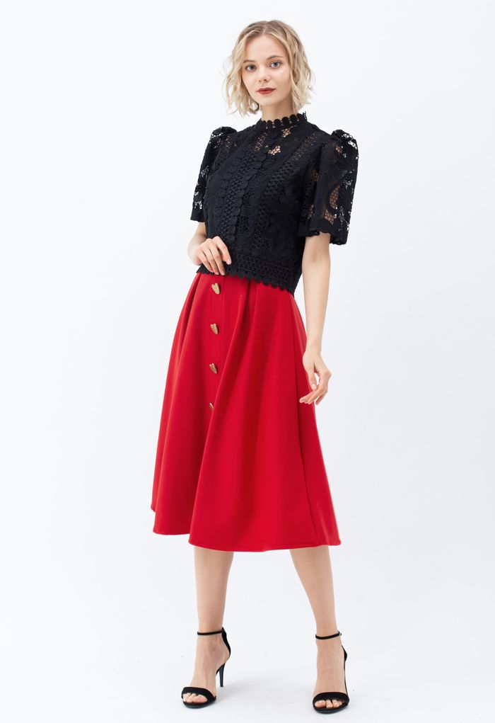 Heart Shape Button Embellished A-Line Midi Skirt in Red